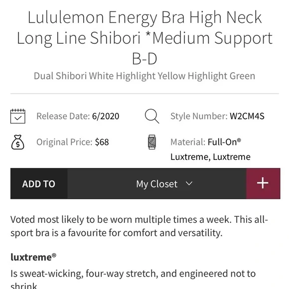Lululemon Energy Bra High Neck Long Line Shibori- Sz 4 - Picture 3 of 5